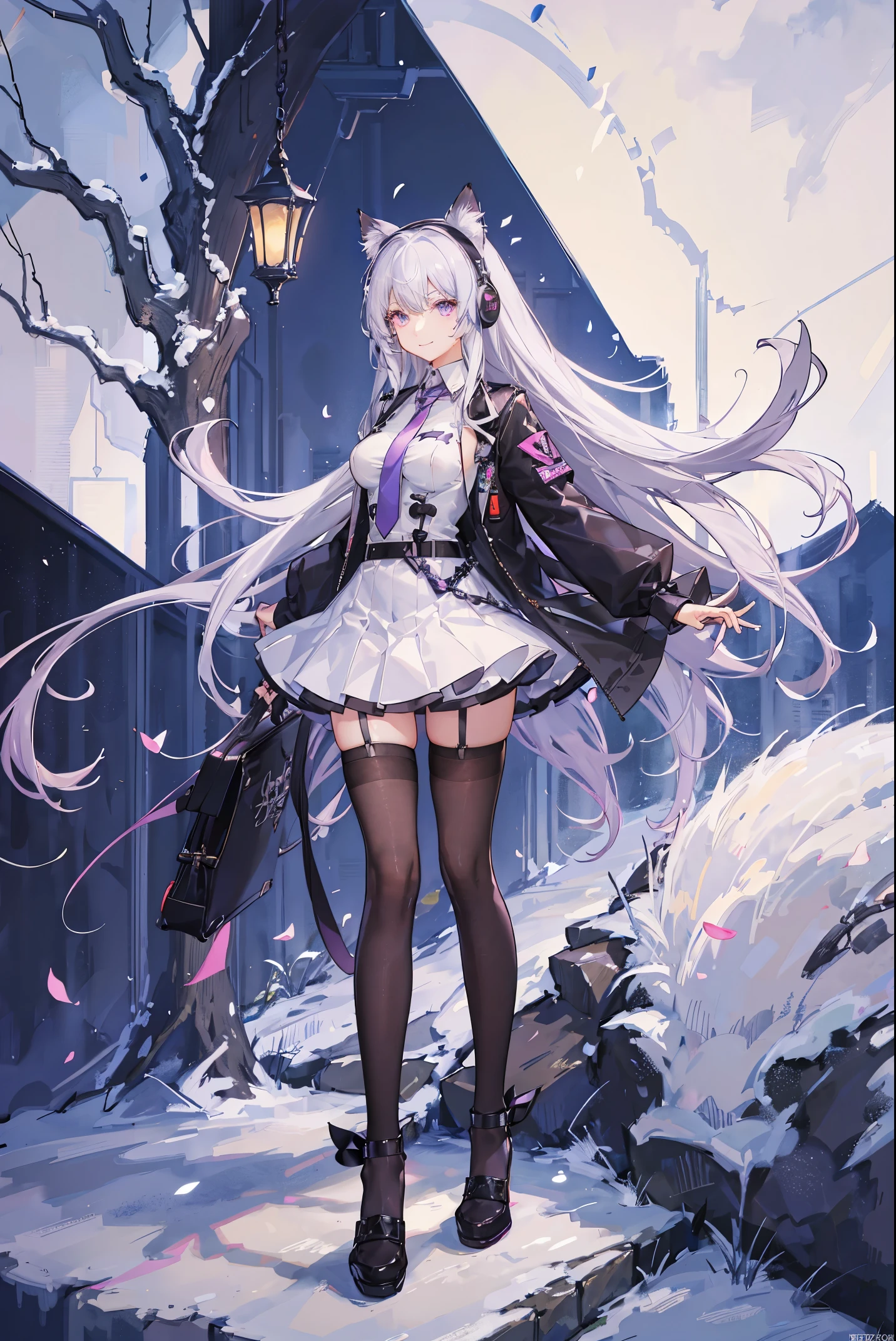 "anime girl, 1 person, silver white hair tied on both sides, light pink purple eyes, wearing cat ear headphones, female shirt, female school uniform, tie, black miniskirt, big breasts, smiling, tights,  standing cross-legged, side view, solo(full HD 4K+ image)"