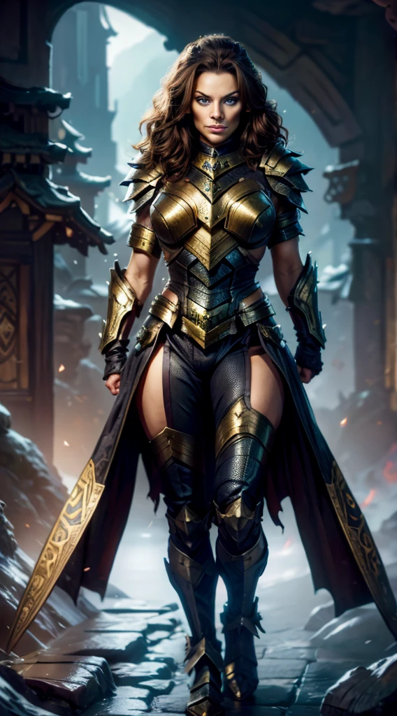 short, Female, Half-Orc, long flowing "light brown hair", "blue eyes", "green skin", "black and gold armor", full body pose,