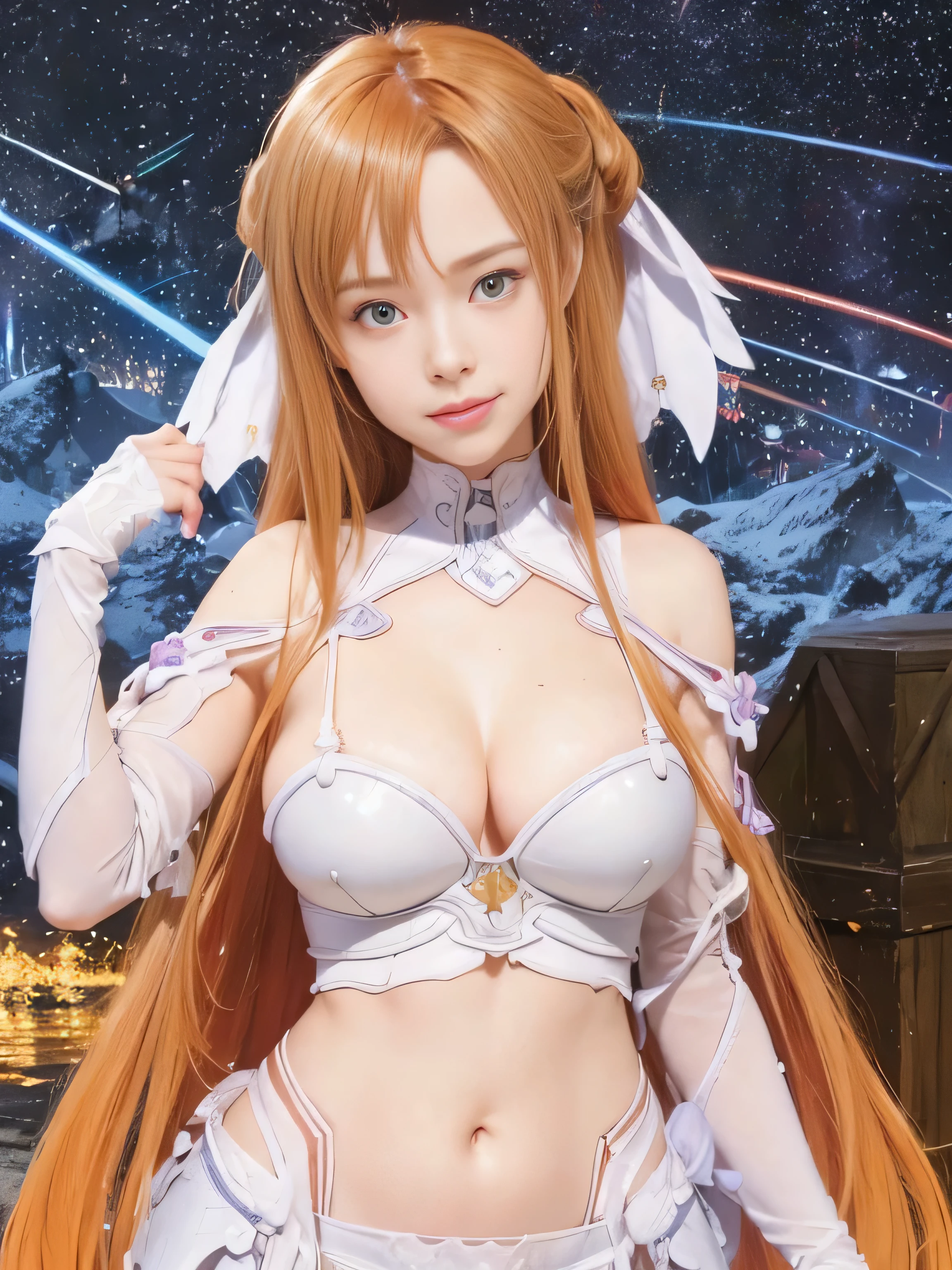 masterpiece, best quality, (realistic,photo-realistic:1.4), (RAW photo:1.2), extremely detailed CG unity 8k wallpaper, delicate and beautiful, amazing,finely detail, official art, absurdres, incredibly absurdres, huge filesize, ultra-detailed,extremely detailed eyes and face,light on face,little smile,(caramel hair:1.4),asuna yuuki,meteor rain,night,(wearing armor:1.4)