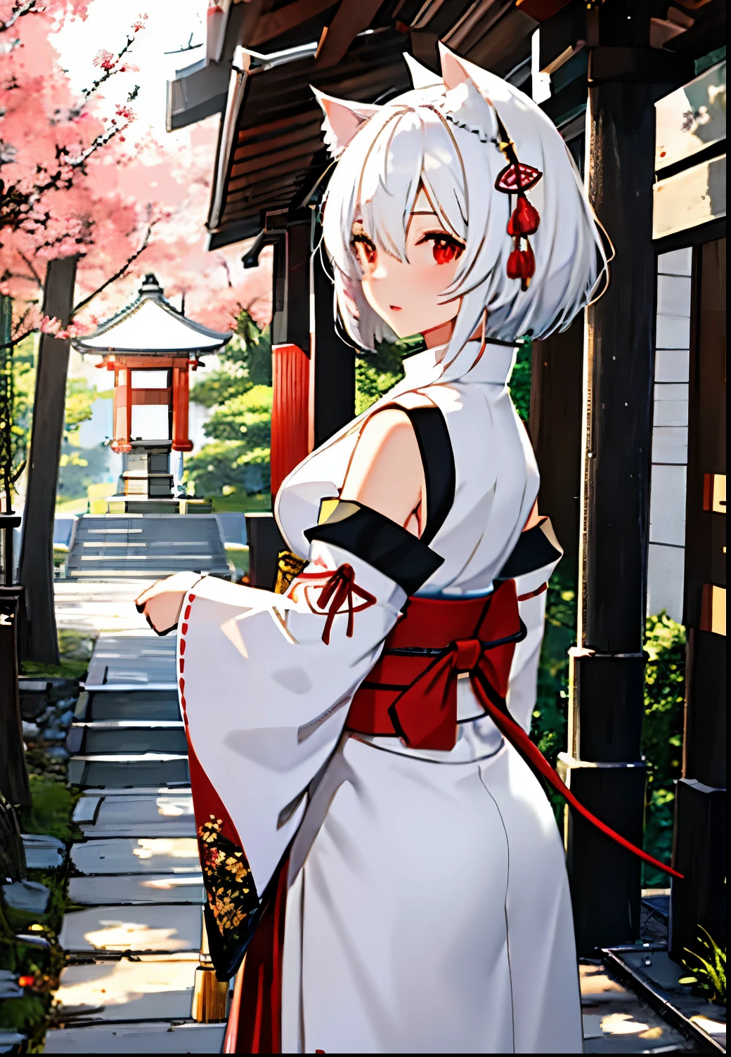 Highest quality illustrations、（Dog walking（Oriental Project））、１Female Characters、shrine、Japanese sword、white hair、Delicate and clear illustrations