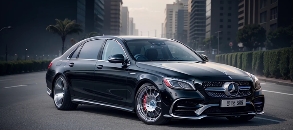 dark ocean blue color luxury sedan pursuit, spinning wheels, mercedes-maybach style alloy wheels, toyota century porsche, urban scene