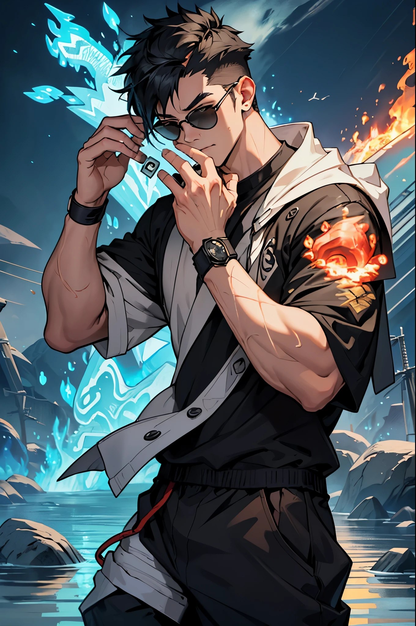 The character is a young guy named Kai. He has an athletic build and wears sunglasses, which give it mystery. He is wearing black pants and a T-shirt, which emphasizes his sporty style. Short boy hairstyle, crape and black hair give him a mysterious look. His chin is shaped like a triangle, and his serious face is a little smiling and always full of confidence. (Body covered with elements: stone, fire, water, wind and electricity:2), (He looks like a living elemental, his hands are heavily covered with these elements:3). Kai has strength and determination, which are combined with self-confidence. Japan 2022