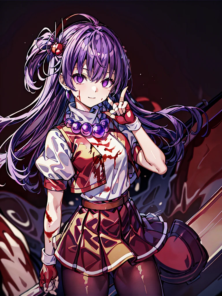 (masterpiece)、(highest quality)、(super detailed)、intricate details、athena 97、(1 girl)、solo、purple eyes、purple hair、hair length、white earrings、red hair band、star hair ornament、Medium breathing、red vest、white turtleneck、White Puff Sleeves、short sleeve、red pleated skirt、(Crimson pantyhose:1.2)、black pantyhose、yellow belt、purple spherical necklace、red fingerless gloves、white short socks、red shoes、evil smile、NSFW、cowboy shot rally background、anime style、(Blood on the face:1.4)、(combat readiness:1.6)、hypnorolla、
empty eyes