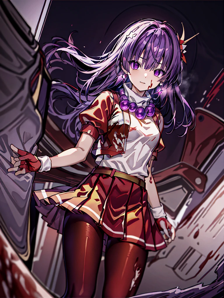 (masterpiece)、(highest quality)、(super detailed)、intricate details、athena 97、(1 girl)、solo、purple eyes、purple hair、hair length、white earrings、red hair band、star hair ornament、Medium breathing、red vest、white turtleneck、White Puff Sleeves、short sleeve、red pleated skirt、(Crimson pantyhose:1.2)、black pantyhose、yellow belt、purple spherical necklace、red fingerless gloves、white short socks、red shoes、evil smile、NSFW、cowboy shot rally background、anime style、(Blood on the face:1.4)、(combat readiness:1.6)、hypnorolla、
empty eyes