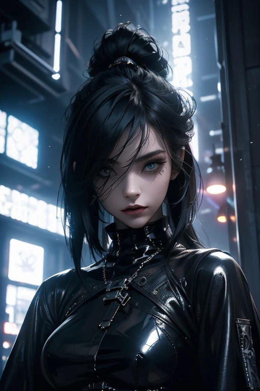 oriental gothic girl,cyberpunk,girl with big hips,leather collant,beautiful detailed eyes,beautiful detailed lips,extremely detailed eyes and face,long eyelashes,dark and mysterious background,portraits,highres,stunning lighting,richly colored,moody atmosphere,dark color palette,hauntingly beautiful,neo-noir,urban landscape,industrial setting,futuristic elements,gritty,edgy style,ominous atmosphere,sci-fi aesthetics,strong contrast,striking visuals,alternative fashion,steampunk influences,sleek and shiny textures,ultra-detailed,phantasmagoric,artistic interpretation,stylized,black and white,contrasting shadows,sharp edges,metallic accents,mixed media,layered composition,gothic architecture,night cityscape,slim silhouette,dynamic pose,mysterious aura.