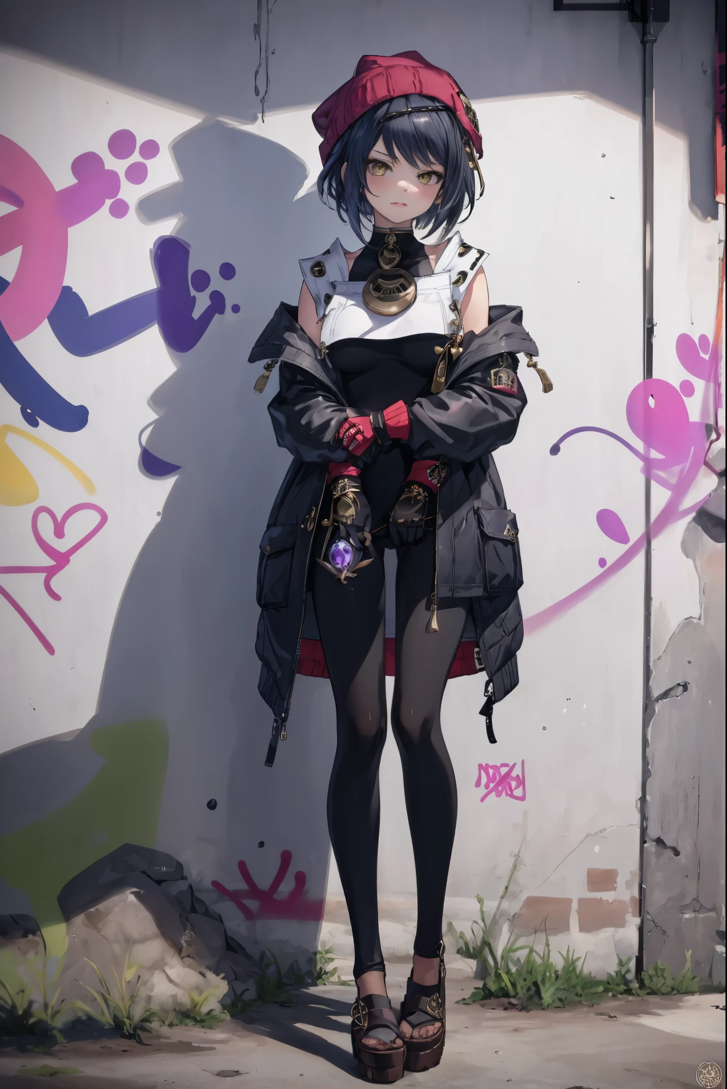 Kujou Sara| genshin impact, (Masterpiece:1.2, best quality), (Graffiti Wall:1.15), 1 woman, Beanie hat, jacket, Leggings, black hair, full body,