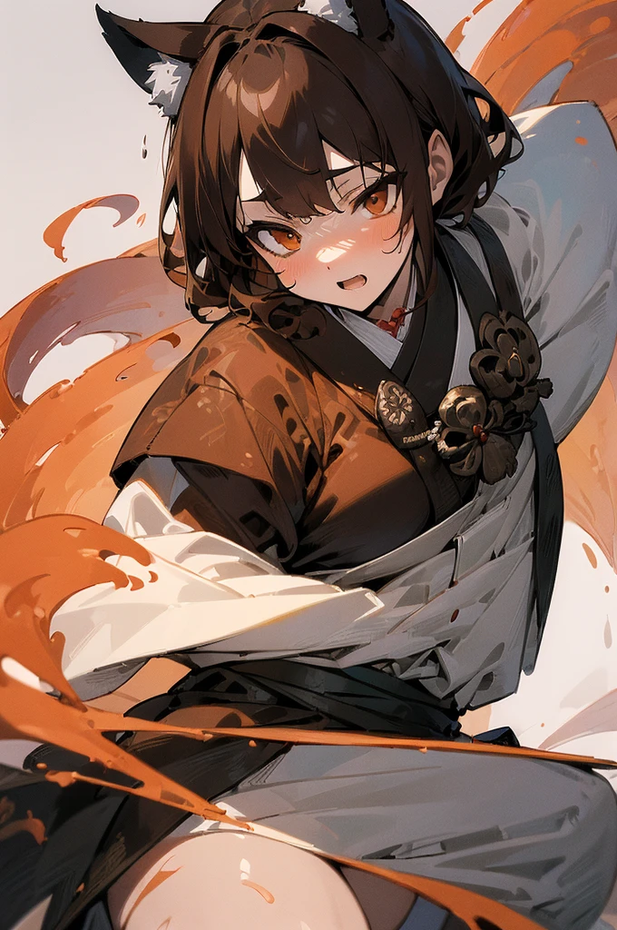(((masterpiece))),(((bestquality))),((ultra-detailed)),(illustration),((anextremelydelicateandbeautiful)),dynamic angle, fox girl, brown hair, fluffy tail, japanese screen background, splash art, samurai outfit, holding a talisman, deadly expression