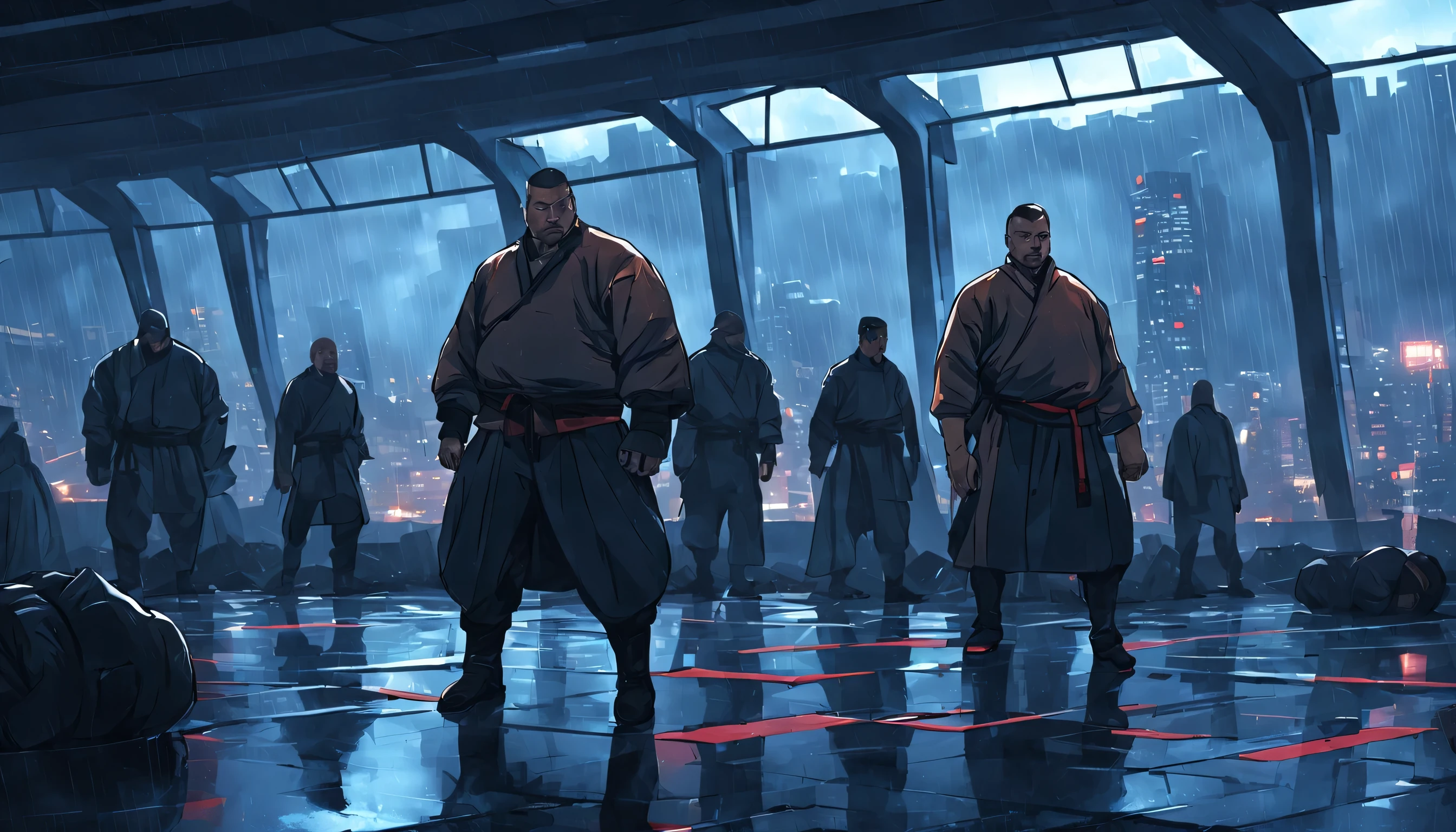 many big men are training in a martial arts open area, behind the windows is a very dark abandoned futuristic city, rainy night