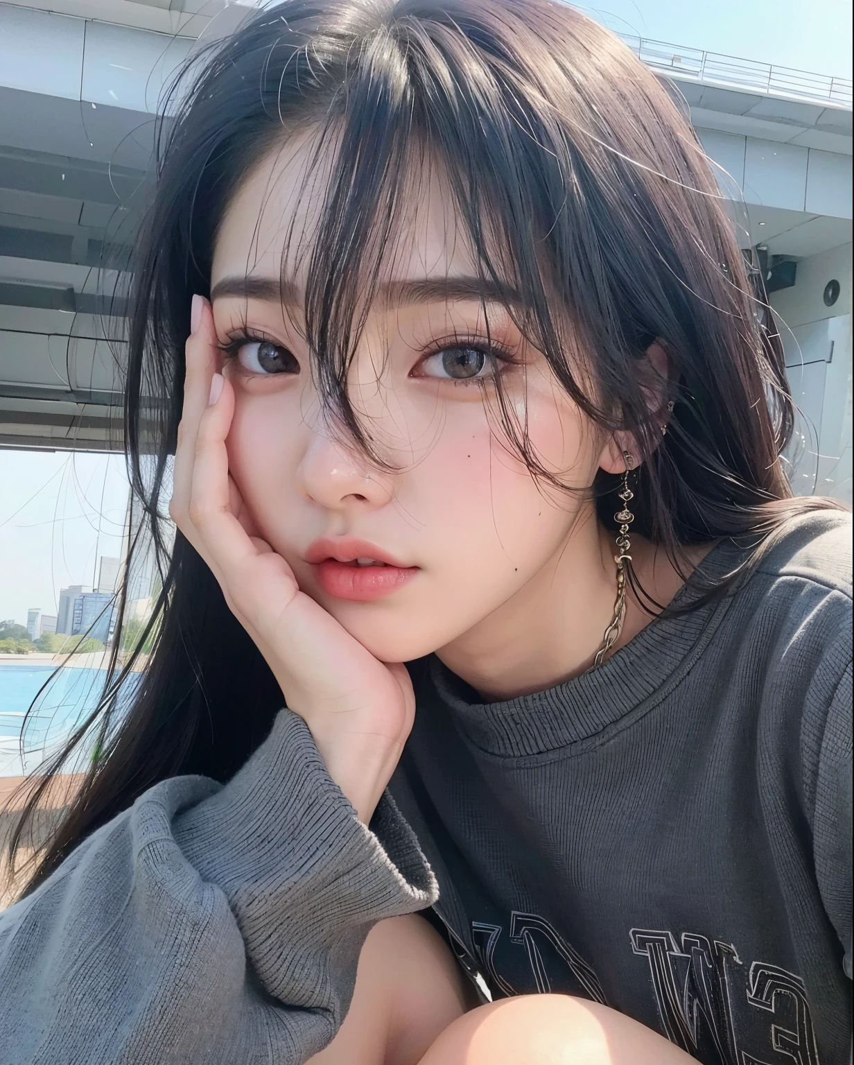 um close up de uma mulher com cabelos longos e um moletom cinza, Ulzzang, menina de 19 anos, 🤤 retrato de menina, beautiful aesthetic face, garota cara fofa, com cabelos longos e olhos penetrantes, ela tem cabelo preto com franja, dilraba dilmurat, Menina coreana, Rosto extremamente lindo, cruel korean goth girl