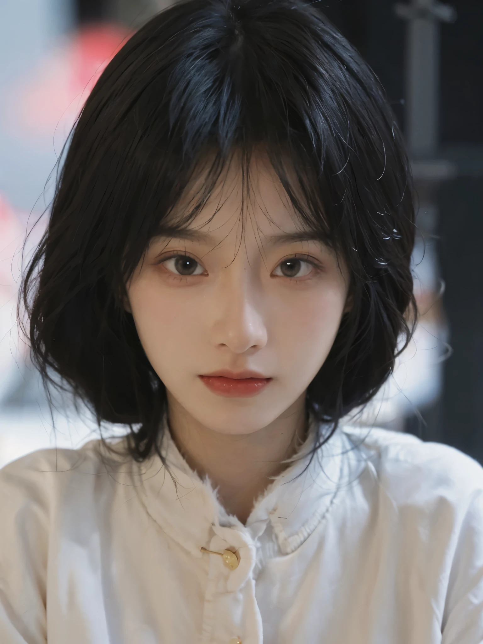 best quality， ultra high resolution， White background，（realistically：1.4）， girl， A pair of eyes as clear as snow,Royal sister，Black long straight， looking at the audience， close up ，