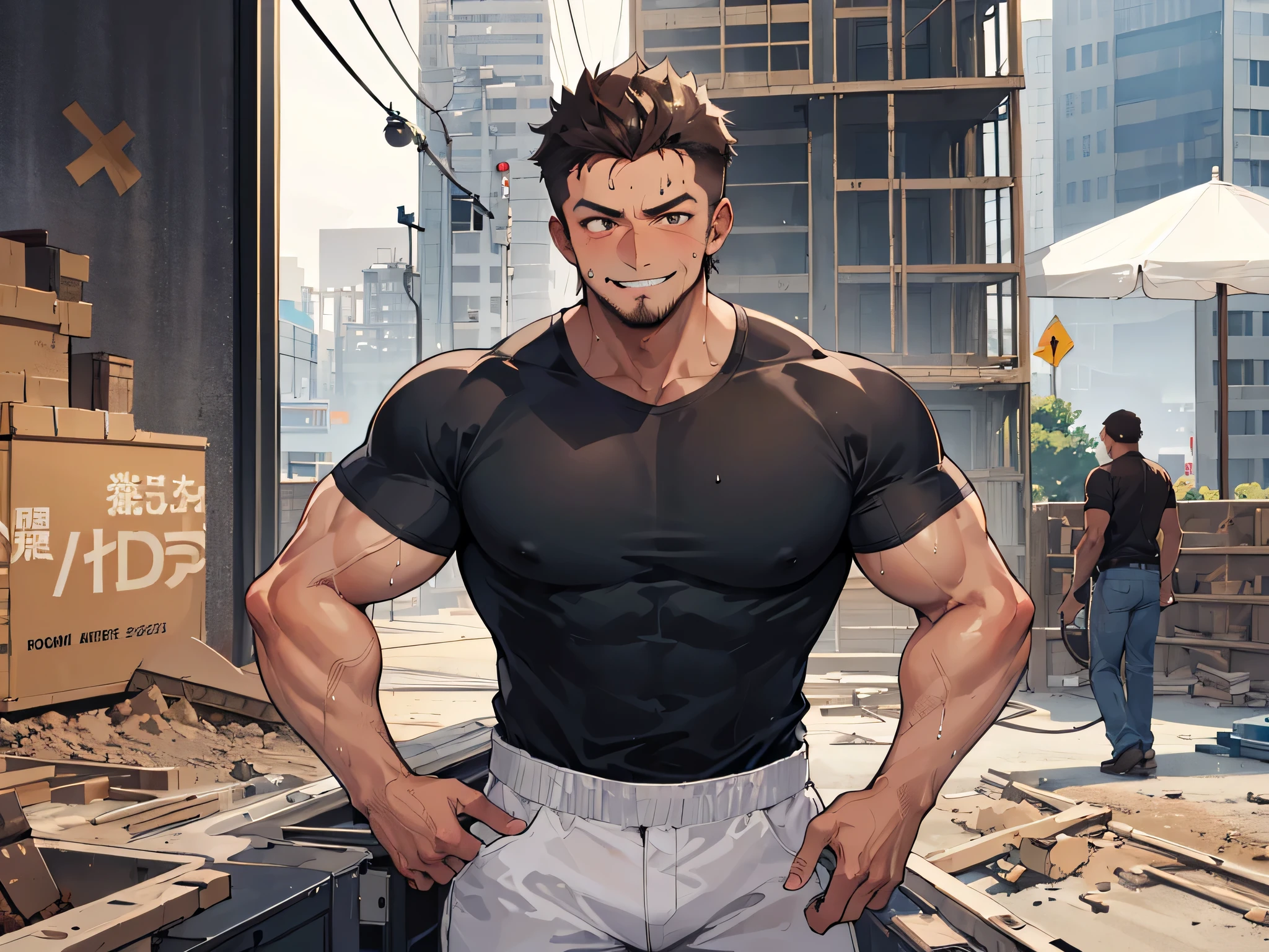 brown,tanned skin,uncle,50 age一people,solo,evil smile,people, ,muscle,macho, black shirt,,tanned skin,Sweat,constructionyardai,Construction site
