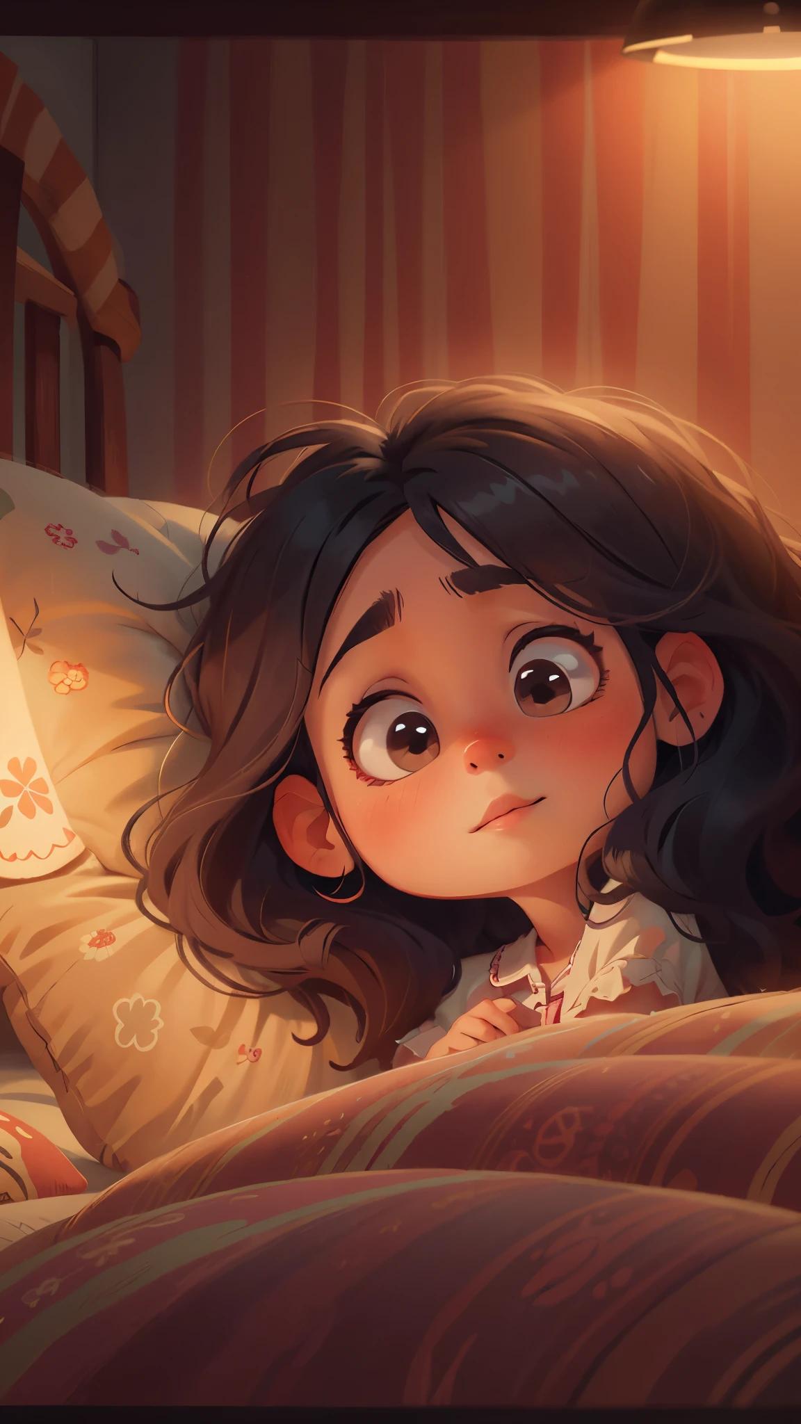 it's late at night，Warm bedroom，Mom tells bedtime story to cute little girl，little girl lying on bed，very cute, big eyes, Bright Eyes, fall asleep quietly，Pixar cinematic style, best quality, movie stills, 
