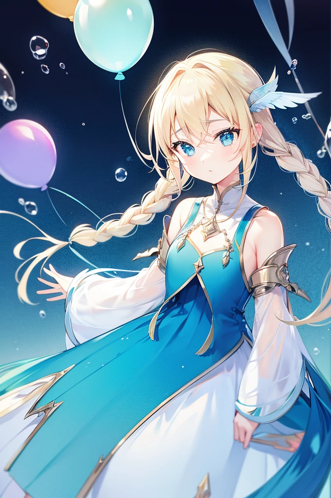 Blonde hair with light blue tips、Braid、straight face、whole body(fantasy、bluebird、Black feathers、white feather、beautiful scenery、Blue sky、water droplets、Grains of light、gem、balloon)