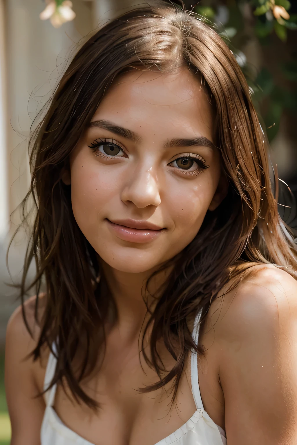 The face of a cute Italian girl model, bezaubernde haselnussbraune Augen, umrahmt von langen Wimpern, a gentle smile played on her lips, Sonnenlicht beleuchtet sanft ihren makellosen olivfarbenen Teint, capturing a feeling of innocence and subtle attraction, Fotografie, Sony A7iii, 50mm f/1.8 Objektiv