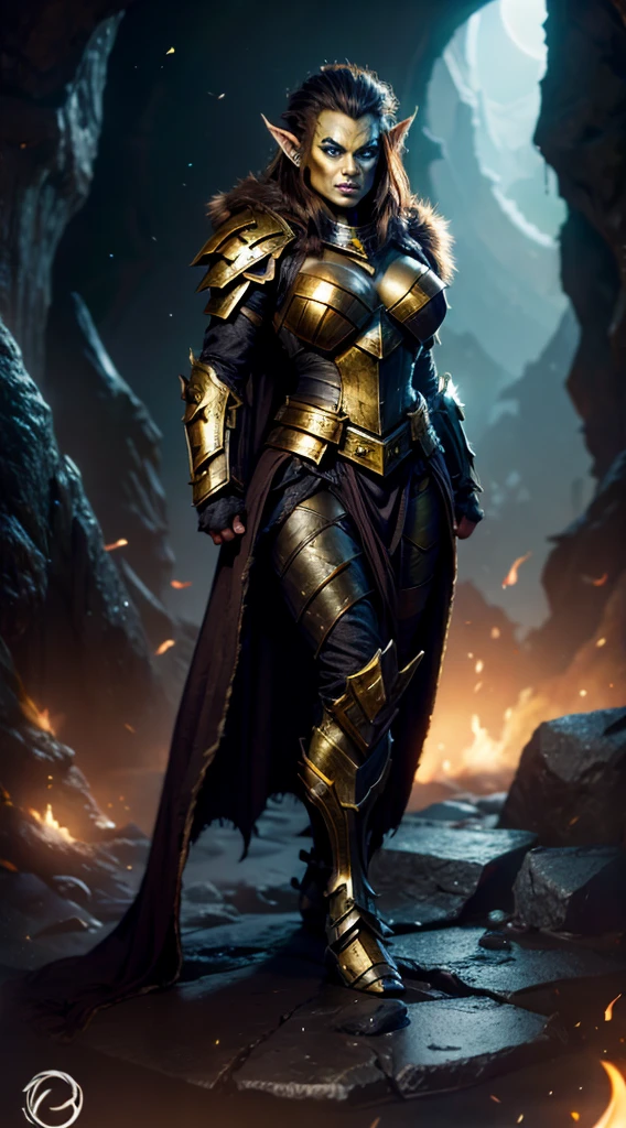 short, Female, Half-Orc, long flowing "light brown hair", "blue eyes", "green skin", "black and gold armor", full body pose,