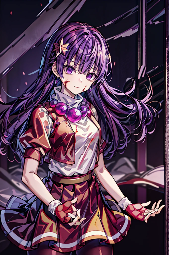 (masterpiece)、(highest quality)、(super detailed)、intricate details、athena 97、(1 girl)、solo、purple eyes、purple hair、hair length、white earrings、red hair band、star hair ornament、Medium breathing、red vest、white turtleneck、White Puff Sleeves、short sleeve、red pleated skirt、(Crimson pantyhose:1.2)、black pantyhose、yellow belt、purple spherical necklace、red fingerless gloves、white short socks、red shoes、evil smile、NSFW、cowboy shot rally background、anime style、(Blood on the face:1.4)、(combat readiness:1.6)、hypnorolla、
empty eyes