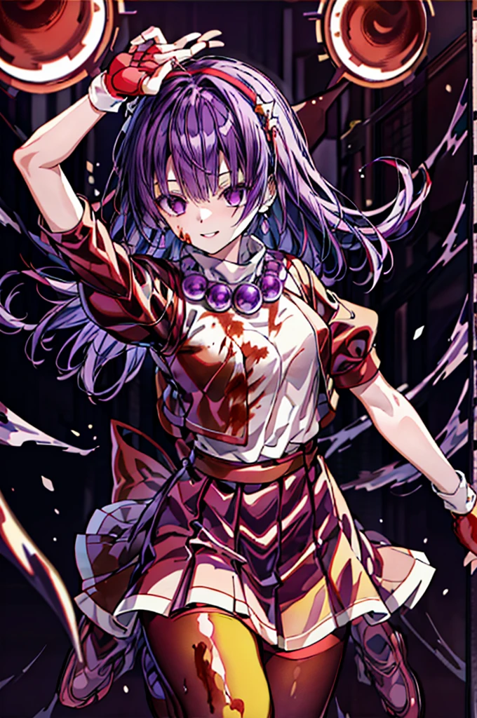 (masterpiece)、(highest quality)、(super detailed)、intricate details、athena 97、(1 girl)、solo、purple eyes、purple hair、hair length、white earrings、red hair band、star hair ornament、Medium breathing、red vest、white turtleneck、White Puff Sleeves、short sleeve、red pleated skirt、(Crimson pantyhose:1.2)、black pantyhose、yellow belt、purple spherical necklace、red fingerless gloves、white short socks、red shoes、evil smile、NSFW、cowboy shot rally background、anime style、(Blood on the face:1.4)、(combat readiness:1.6)、hypnorolla、
empty eyes