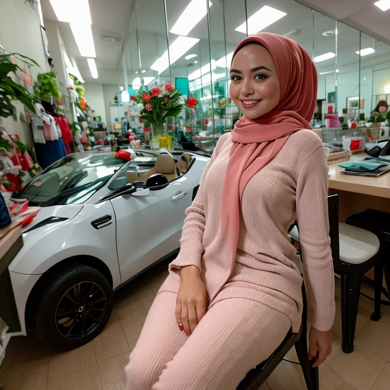 Malay girl in hijab, wear small floral pastel white color shirt and High Waist Plicated white Suit Pants , laughing and posing with both hand on top of her head, touching her own head, wear backpack, front view, hijab blown, windy, detail skin, age spot, detail skin texture, mole below eyes, small breast, flat chest, wide hips, small waists, thick thighs, slim abs, beautiful body, nighttime, laughing, happy, bright lighting, college student in background, crowded cafe, blur background, bokeh,