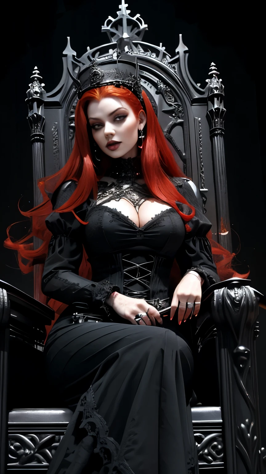 mulher linda rainha ruiva, ((idade 35 anos)), ((pelos vermelhos)), ((ruiva)), ((in a black gothic dress)), ((uma coroa negra)), ((sitting on an infernal blackgothic throne)), ((hellish gothic black throne)), royal gothic, rainha das trevas, Front view, melhor qualidade , um retrato frontal, olhar dominador, sorriso sexy, in ym gothic demon castle