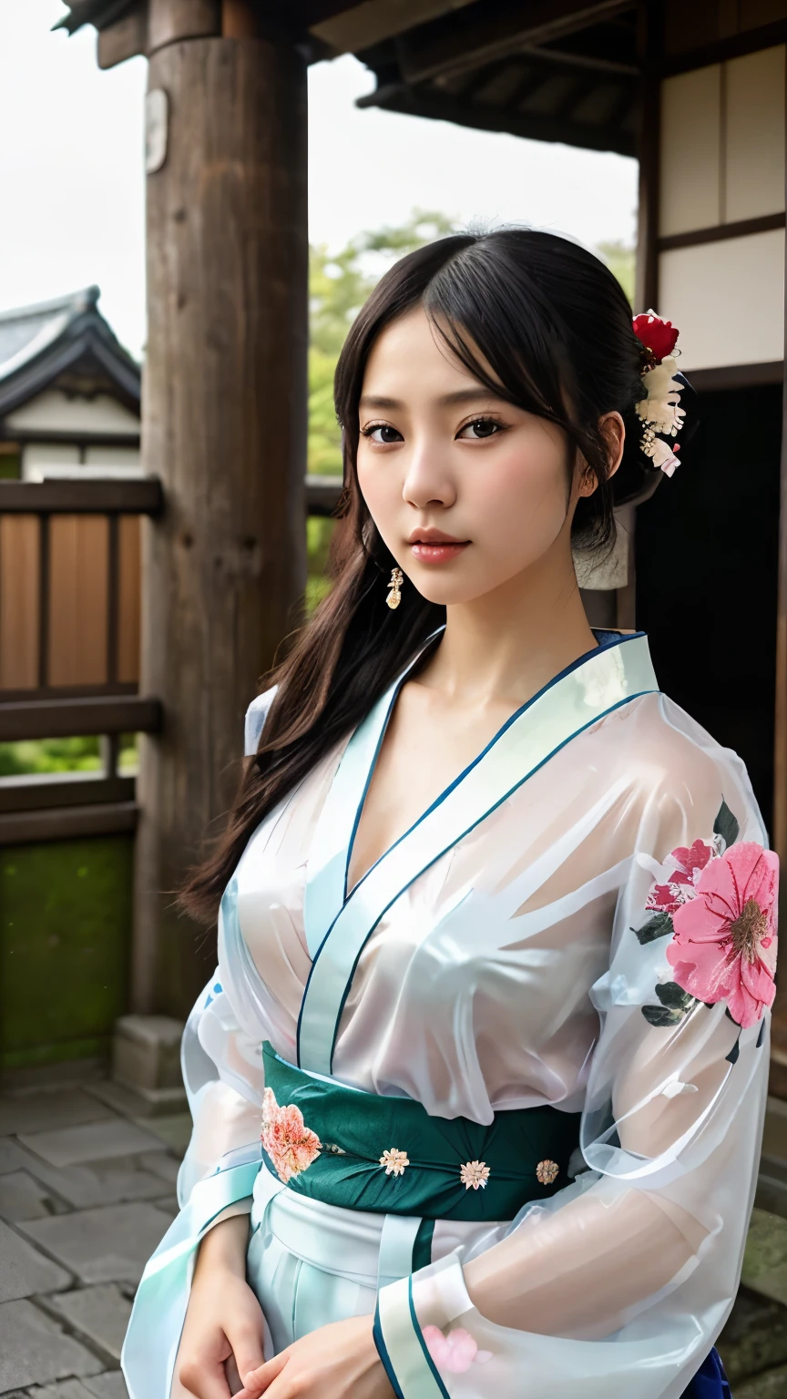 NSFW、最high quality、high quality、best image quality、8K、最High resolution、High resolution、最high quality、masterpiece、Depth of object being written、RAW photo、realistic atmosphere、(detailed face)、(fine hands、thumb１reference４)、(beauty of japan )、very nice face、cute face、((beautiful japanese girl))、(japanese woman), ((18 year old beautiful girl))、(glossy black hair)、(straight long hair)、(ponytail)、whole body、slim style、(shiny skin)、(Fair skin, Glossy skin)、real human skin、realistic human body structure、perfect body， perfect face， perfect hands， perfect fingers， perfect lips， perfect eyes，perfect teeth、perfect background， perfect atmosphere， natural soft light、photon mapping、samurai kimono、maiko kimono、servant、geisha kimono、japanese kimono、japanese traditional、((floral kimono(Sheer、sexy、transparent、erotic))、In front of a samurai residence in Japan、((random color floral pattern(samurai kimono、Hakama with slit))