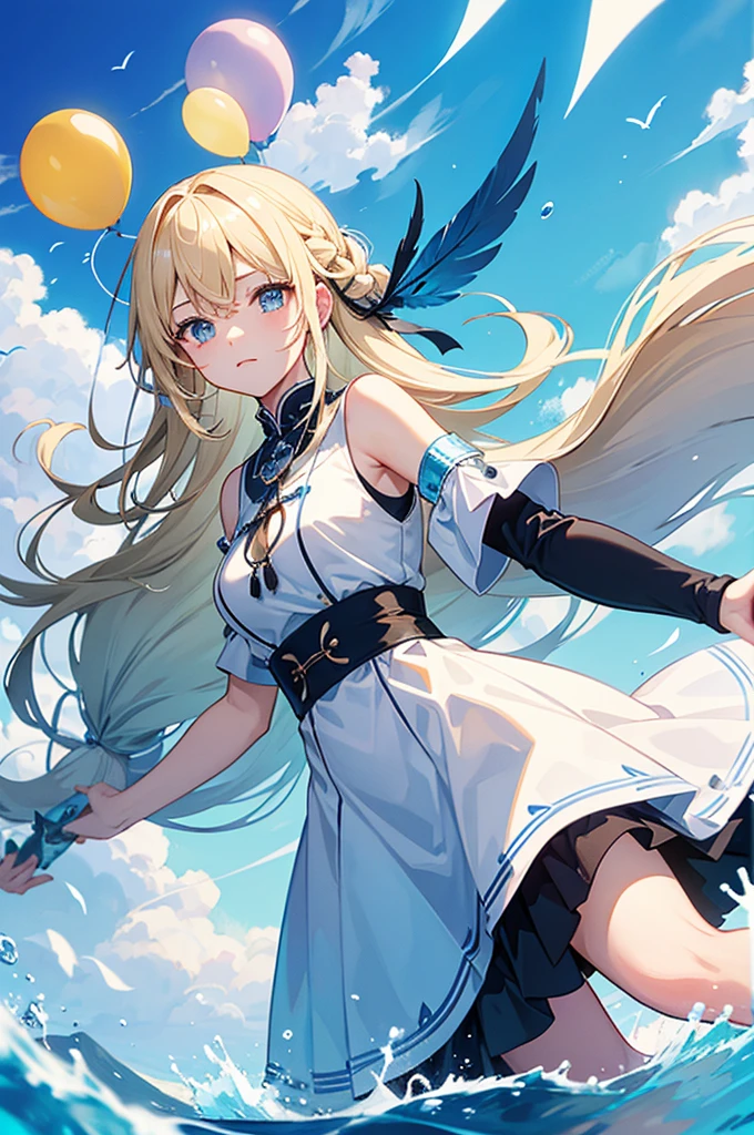 Blonde hair with light blue tips、Braid、straight face、whole body(fantasy、bluebird、Black feathers、white feather、beautiful scenery、Blue sky、water droplets、Grains of light、gem、balloon)