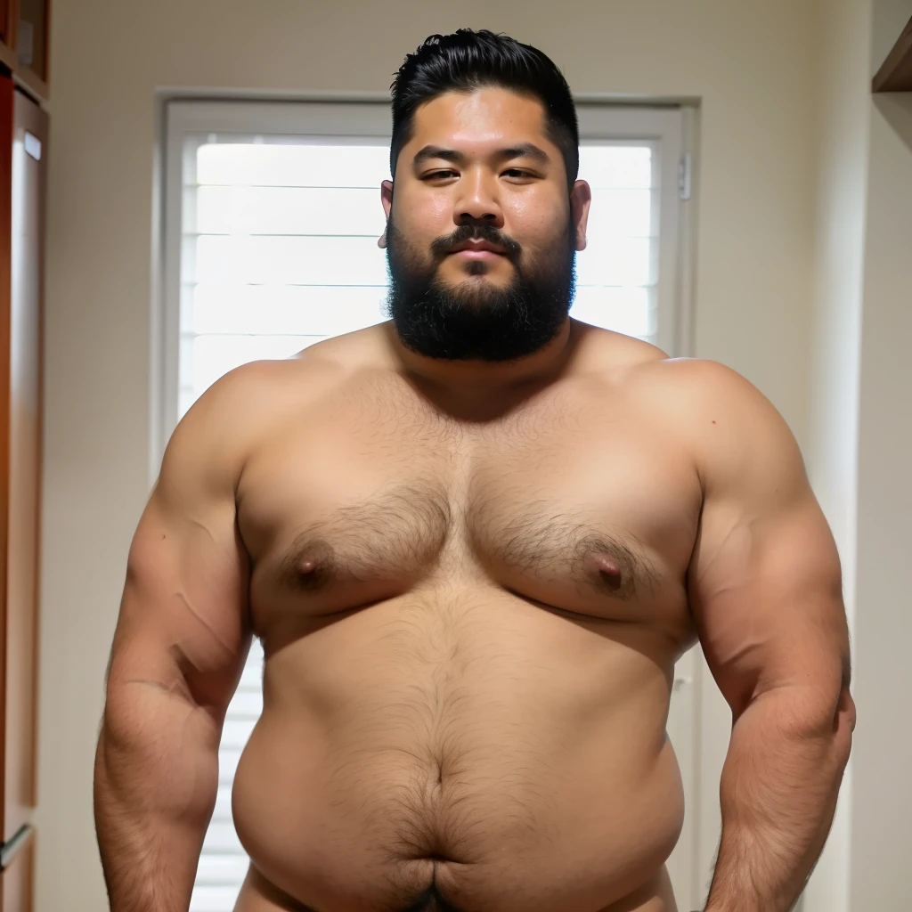 lower body，Stand in the kitchen、Bearded、Shirtless around 40&#39;s man, strong and sturdy body, sturdy, Half-human, half-Asian black bear, attractive sturdy man, half male、half asian black bull, asian man, Strong fat bacchanalian body, Full human hairy body, 3 2  old male, Sumo wrestler, gigachado muscular