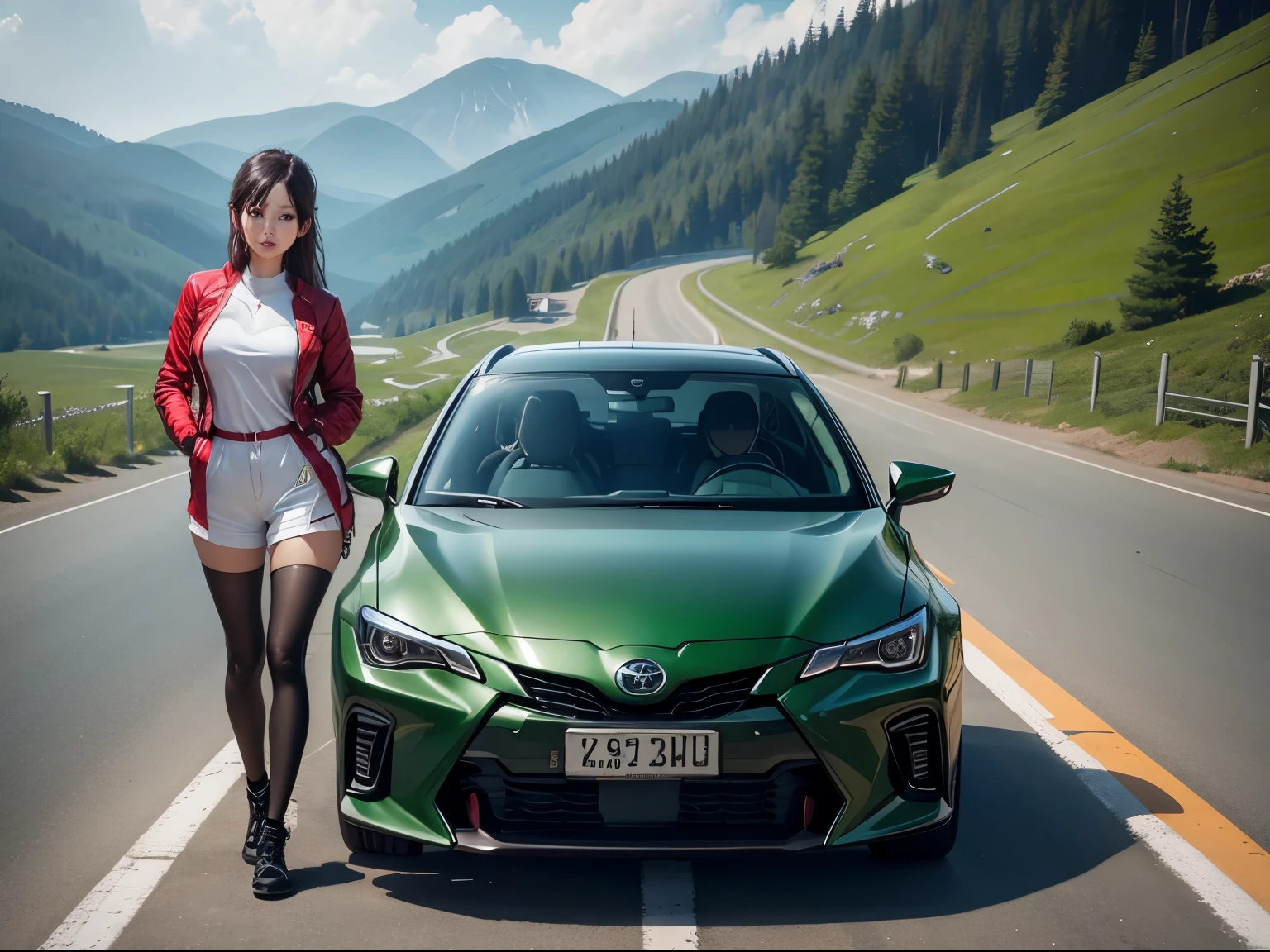 1womanl、Slender woman、sports jacket、Competition between beautiful women and sports cars、超A high resolution、An ultra-high picture quality、8K、Wonderful expression with attention to detail、early summer valley、beautiful fresh green、A bright red sports car stopped at a mountain pass.Toyota Corolla altis