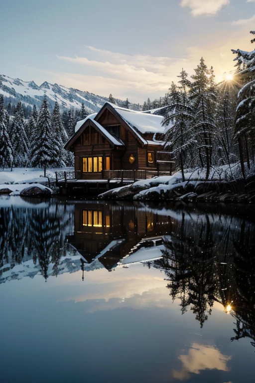 a wooden house stands in a snow-covered spruce forest on the shore of a lake, his reflection is reflected in the lake. There is a yellow light in the windows