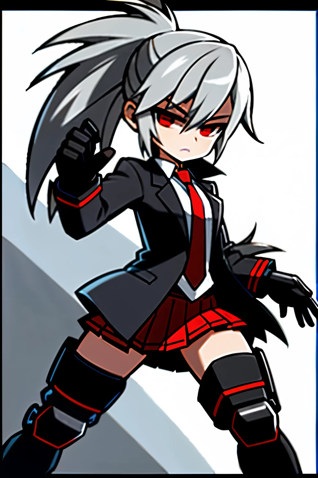 1 girl, Tina, best quality, standing, black jacket, red tie, knee pads, long ponytail, silver hair, (red eyes), right hand, submachine gun, city streets, sidewalk, alley, highly detailed