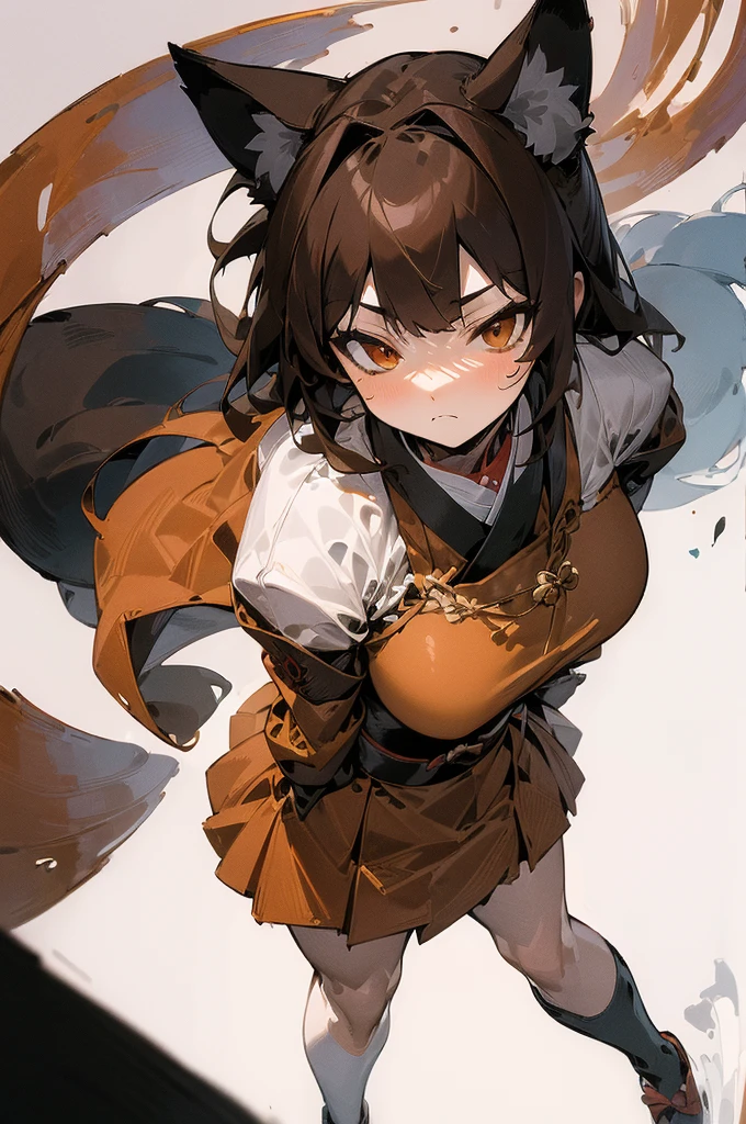 (((masterpiece))),(((bestquality))),((ultra-detailed)),(illustration),((anextremelydelicateandbeautiful)),dynamic angle, fox girl, kitsune, brown hair, fluffy tail, torii gate background, samurai outfit, holding a katana in a stance, blank expression