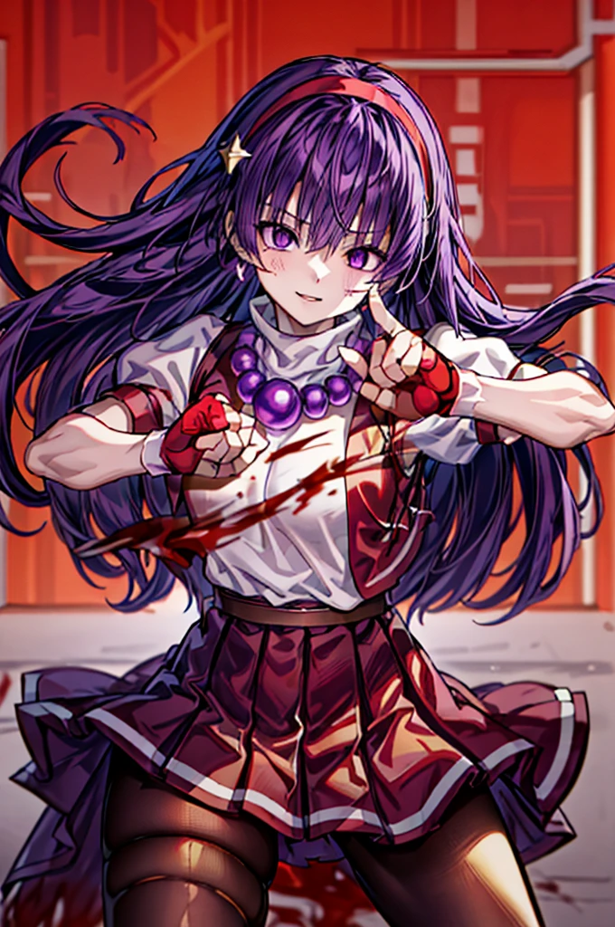 (masterpiece)、(top-quality)、(ultra-detailliert)、intricate detailes、athena97、(1girl in)、独奏、Purple eyes、Purple hair、length hair、White earrings、red hairband、Star hair ornament、Medium Breath、Red vest、White turtleneck、White Puff Sleeves、shortsleeves、Red pleated skirt、(Crimson pantyhose:1.2)、Black pantyhose、Yellow belt、purple sphere shape necklace、Red fingerless gloves、White short socks、Red shoes、evil smile、NSFW、cowboy shot rally background、anime styled、(Blood on the face:1.4)、(Fighting stance:1.6)、hypnoLora、
Empty eyes