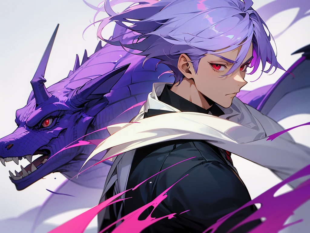 Anime boy with purple and white hair ,in modern school uniform, looking muscular, cool, with dragon tattoo on his neck, have red eyes
