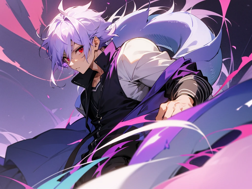 Anime boy with purple and white hair ,in modern school uniform, looking muscular, cool, with dragon tattoo on his neck, have red eyes