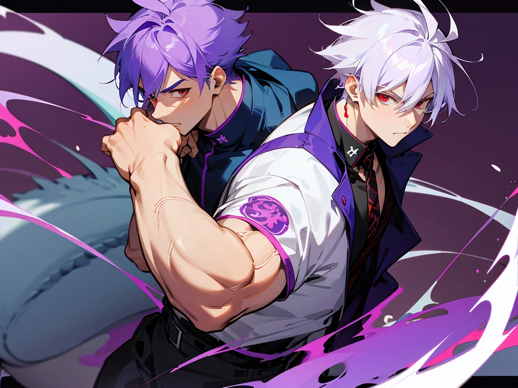 Anime boy with purple and white hair ,in modern school uniform, looking muscular, cool, with dragon tattoo on his neck, have red eyes