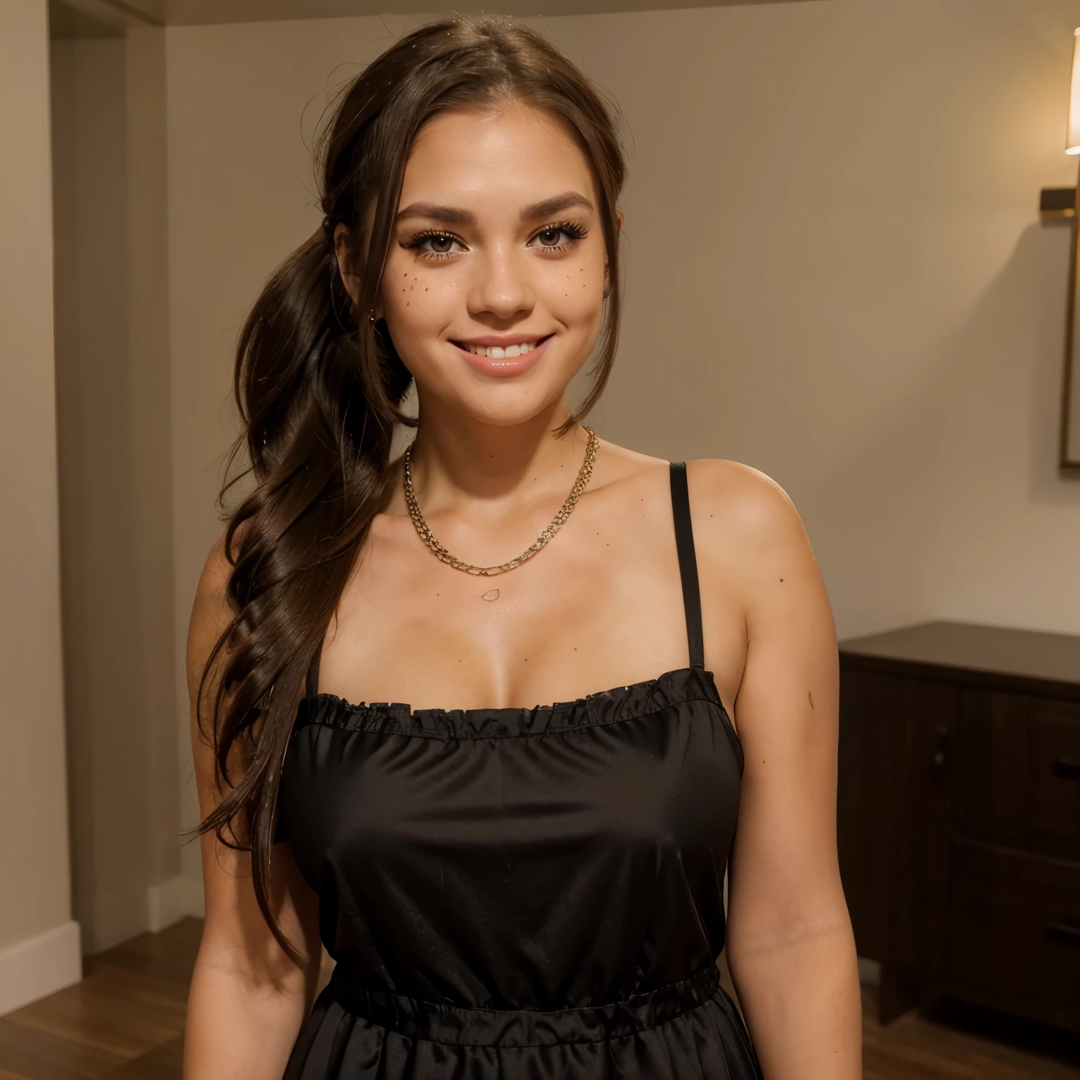 Jessica Degg short chubby face brunette long ponytail straight hair Caucasian freckles fake tan eyelashes dark eyes eyeshadow make up smiling jewellery short chains nightdress full body in shot