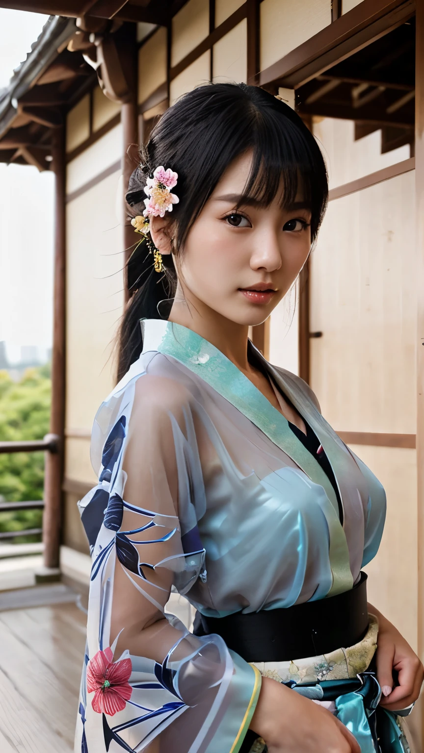 NSFW、最high quality、high quality、best image quality、8K、最High resolution、High resolution、最high quality、masterpiece、Depth of object being written、RAW photo、realistic atmosphere、(detailed face)、(fine hands、thumb1reference4)、(beauty of japan )、very nice face、cute face、((beautiful japanese girl))、(japanese woman), ((18 year old beautiful girl))、(glossy black hair)、(straight long hair)、(ponytail)、whole body、slim style、(shiny skin)、(Fair skin, Glossy skin)、real human skin、realistic human body structure、perfect body, perfect face, perfect hands, perfect fingers, perfect lips, perfect eyes,perfect teeth、perfect background, perfect atmosphere, natural soft light、photon mapping、samurai kimono、maiko kimono、servant、geisha kimono、japanese kimono、japanese traditional、((floral kimono(Sheer、sexy、transparent、erotic))、In front of a samurai residence in Japan、((random color floral pattern(samurai kimono、Hakama with slit))
