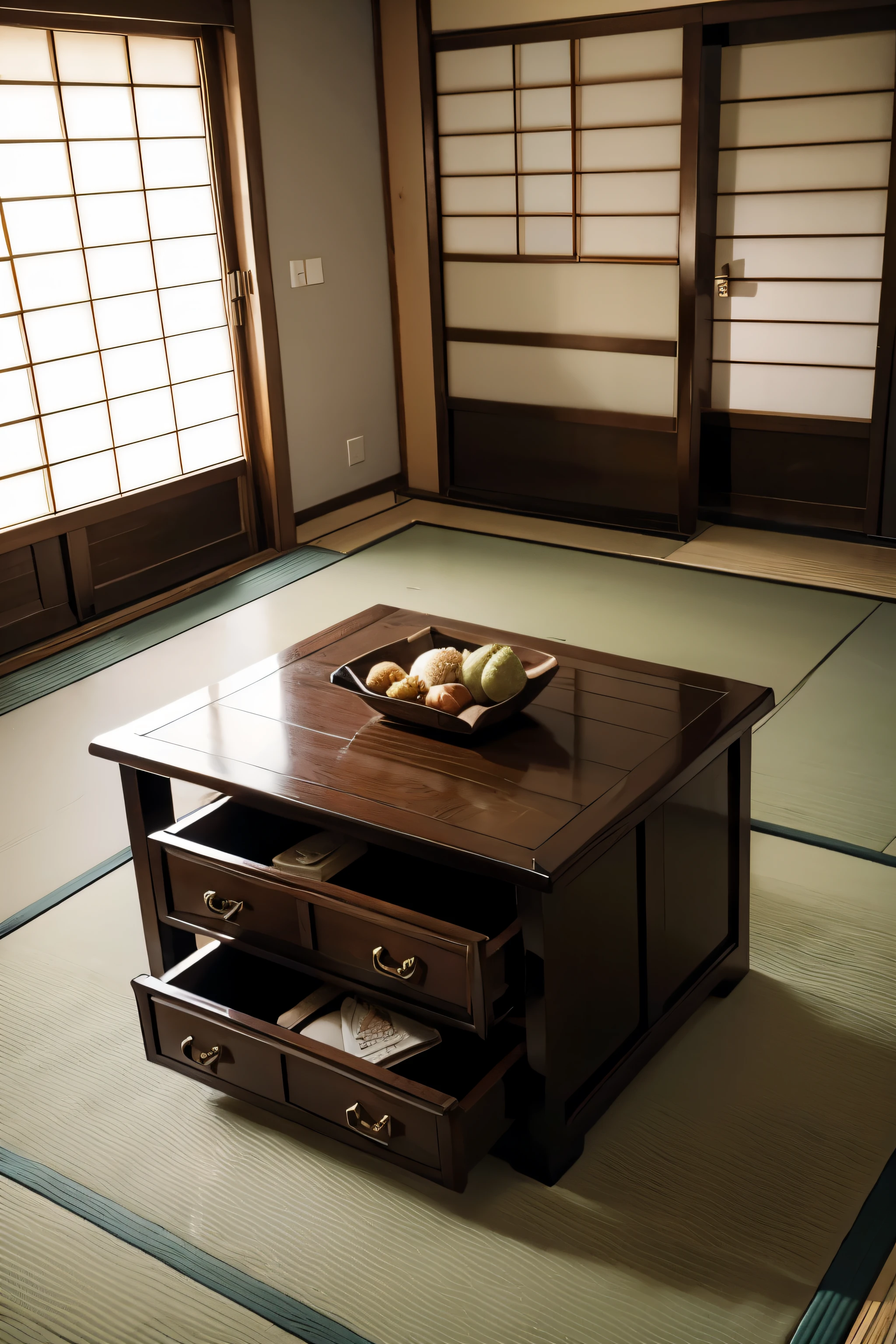 A scene in a traditional Japanese living room where someone has accidentally dropped money behind a chest of drawers. They are desperately reaching into the gap to retrieve it. The room features tatami flooring, sliding paper doors, and typical Japanese interior decor.