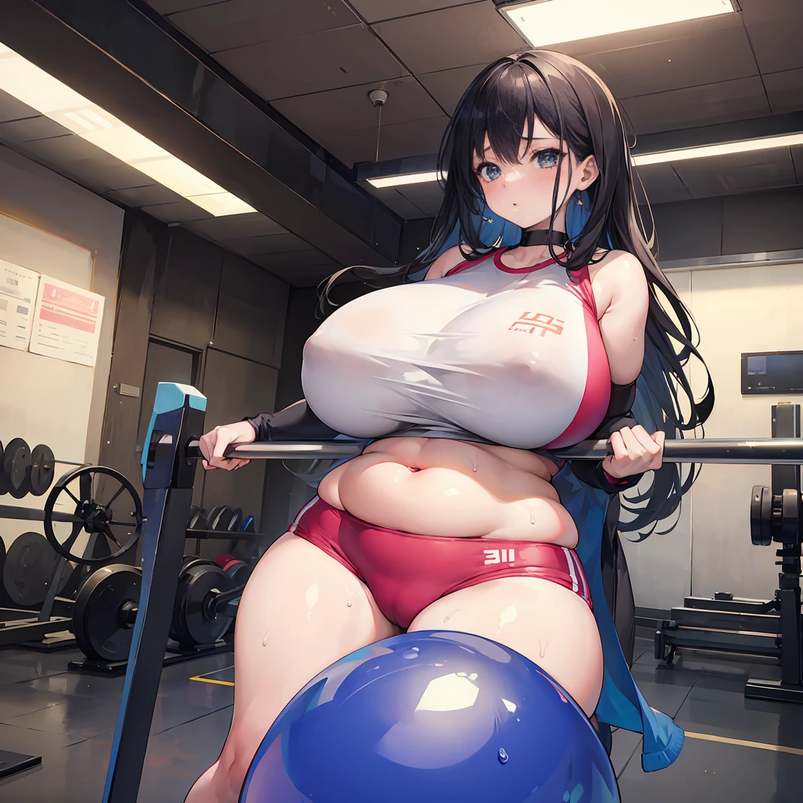 1 girl，plump figure，extremely huge，in the gym，Ride on a giant balancing ball，sweating，