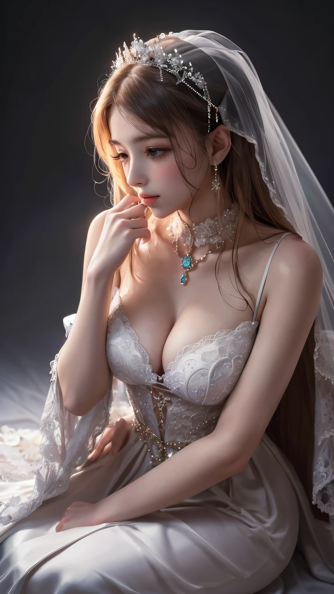 1girl wearing a long wedding dress and veil with sad face sitting on the throne, head down and turn right,  looking down, sad pose, simple background, white background, masterpiece, highly detail, best quality,