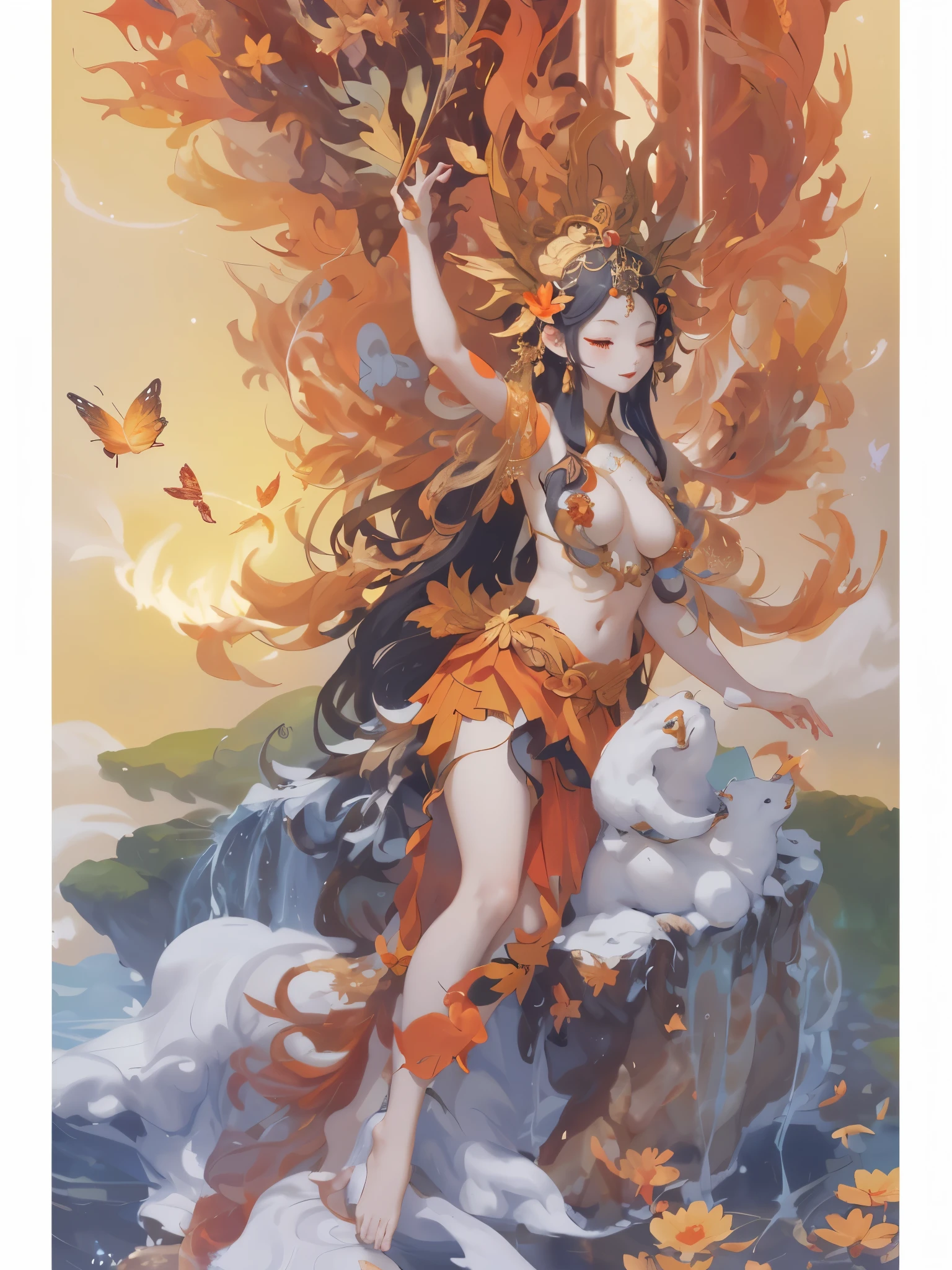 one wearing a skirt、Goddess with hands stretched freely,, the goddess of autumn harvest, the butterfly goddess of fire, guanyin of the southern seas, goddess of autumn, appears as the fire goddess, Queen of the Sea Mu Yanling, Japanese lightning goddess, as the goddess of the sun, summer goddess, goddess of love and peace