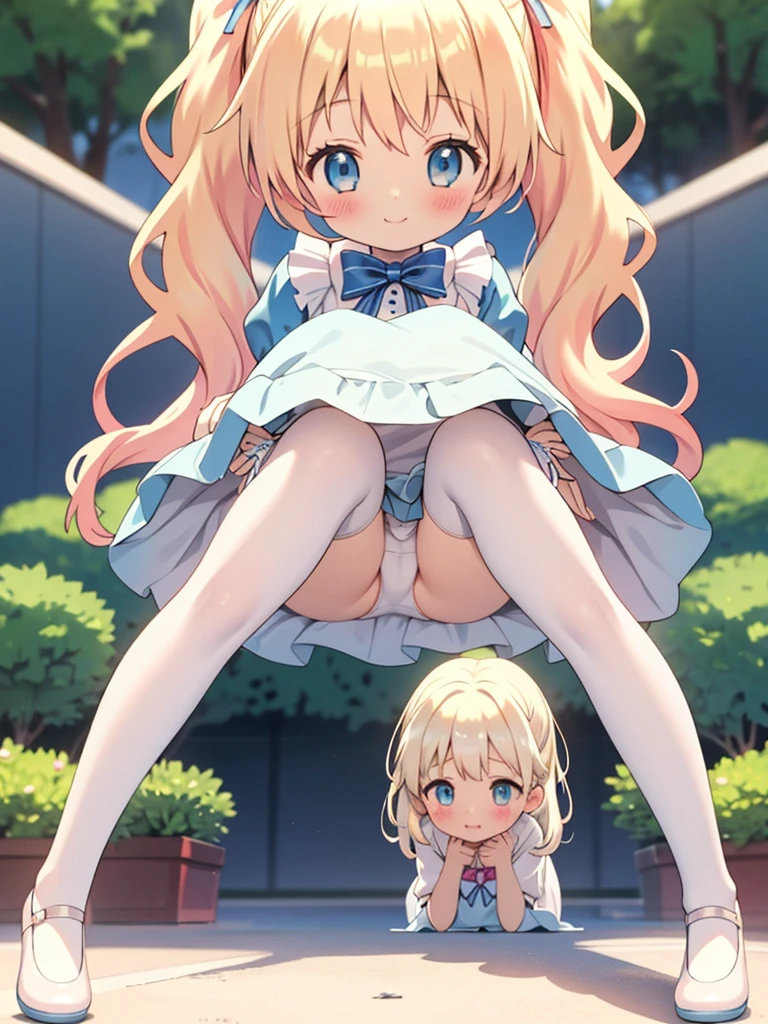 alice in the wonderland、cute Girl、(((babydo)、blond hear、(((White panties)))、Wavy Hair、blue eyes、10year old-fours、with spreading legs、、happy、smile、NSFW、Small breasts,pussy,