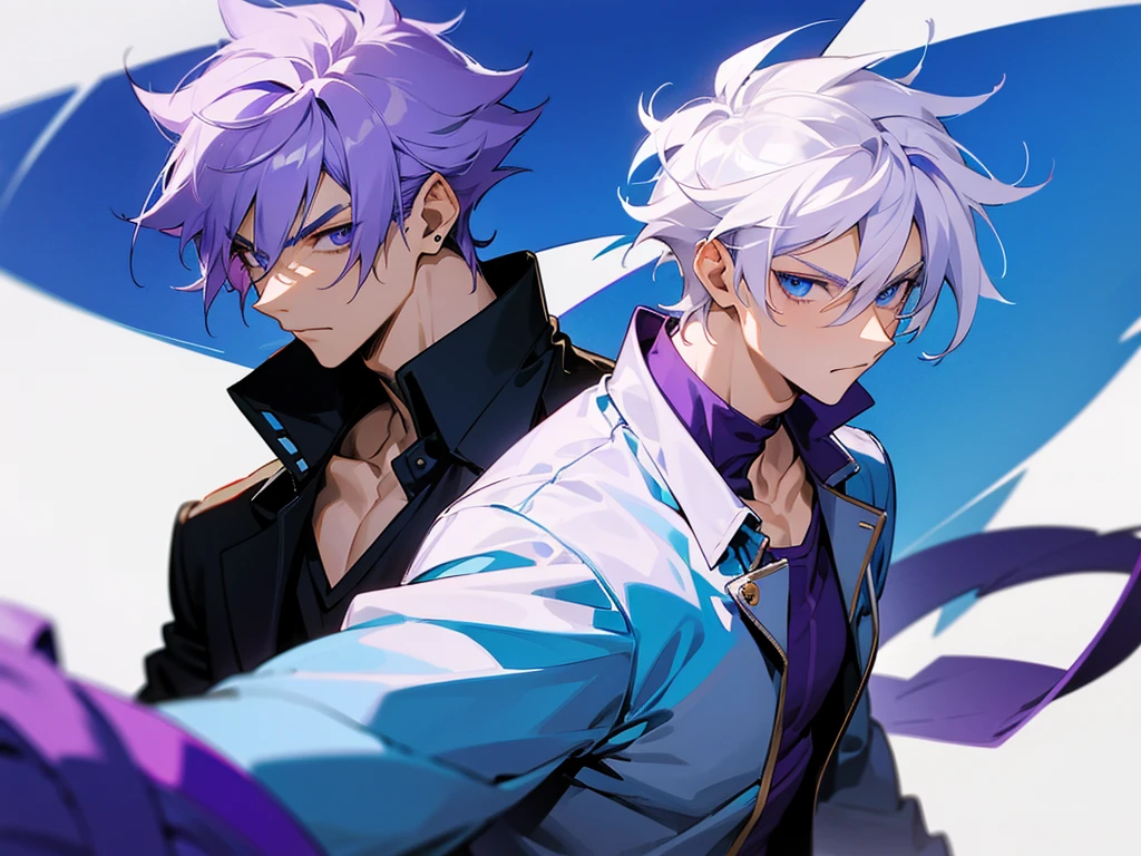 Anime boy with mix of purple and white hair ,in modern school uniform, looking muscular, cool, with dragon tattoo on his neck, have blue eyes