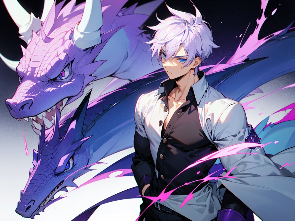 Anime boy with  mix of purple and  white hair ,in modern school uniform, looking muscular, cool, with dragon tattoo on his neck, have blue eyes