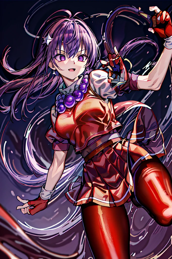 (masterpiece)、(highest quality)、(super detailed)、intricate details、athena 97、(1 girl)、solo、purple eyes、purple hair、hair length、white earrings、red hair band、star hair ornament、Medium breathing、red vest、white turtleneck、White Puff Sleeves、short sleeve、red pleated skirt、(Crimson pantyhose:1.2)、black pantyhose、yellow belt、purple spherical necklace、red fingerless gloves、white short socks、red shoes、evil smile、NSFW、cowboy shot rally background、anime style、(Blood on the face:1.4)、(combat readiness:1.6)、hypnorolla、
empty eyes
