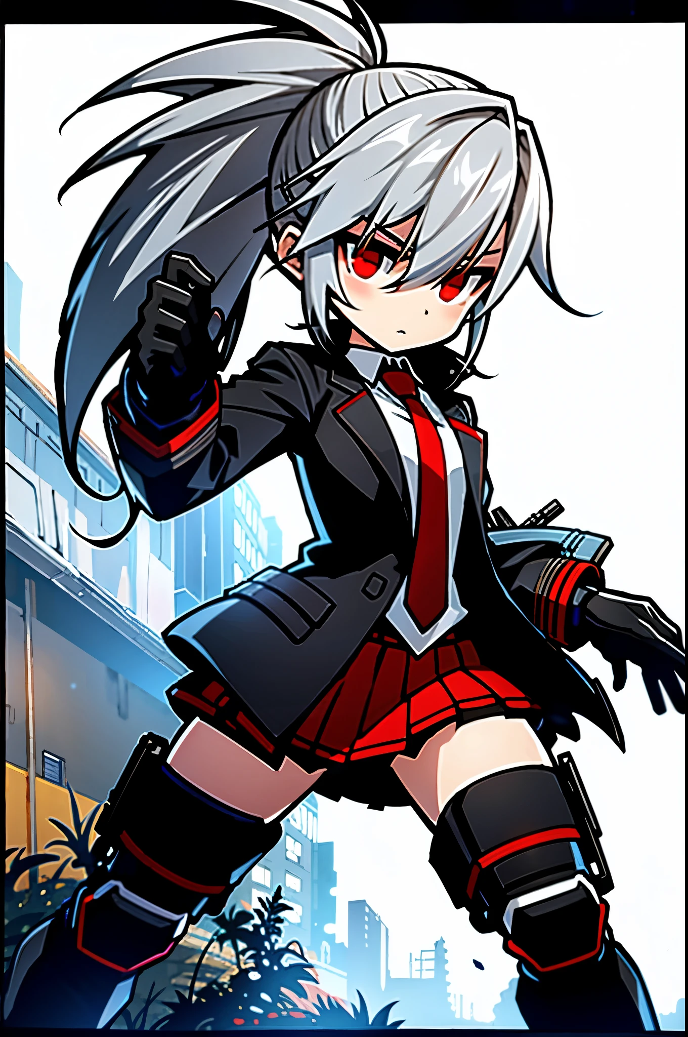 1 girl, Tina, best quality, standing, black jacket, red tie, knee pads, long ponytail, silver hair, (red eyes), right hand, submachine gun, city streets, sidewalk, alley, highly detailed