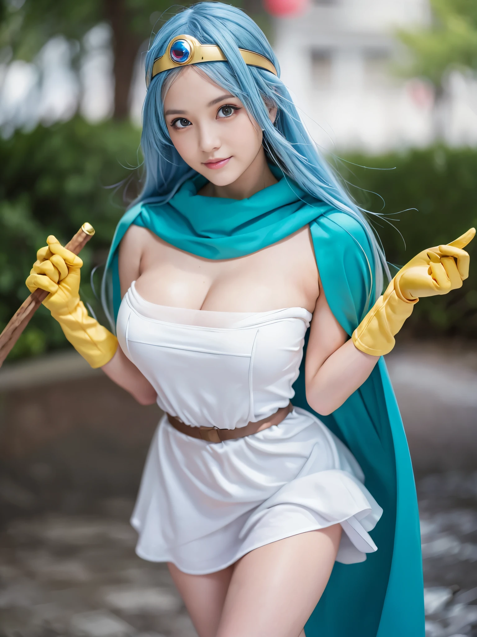 ((best quality, 8k, master piece:1.3)), concentrated:1.2, beautiful woman with perfect figure:1.4, cocked ass:1.2, ((cut hair in layers, beautiful breasts:1.2)),(rain, Street style:1.3), bandeau dress:1.1, Highly detailed face and skin texture, detailed eyes, double eyelid，whiten skin，blue long hair､Super realistic､realistic table top, highest quality, super detailed, figure, sage_(dq3), 1 girl, (holding staff, staff:1.3), alone, Blue hair long hair, blue hair, circlet, red eyes, normal breast, yellow gloves, white dress, belt bag, cape, Knee-high boots, cleavage, bare shoulders, underwear,grassy area, wind lift,  background, white backgroundスーパーライブアクション,(8K,RAW photo, highest quality, masterpiece:1.2), cinematic light, (finely become familiar with face:1.2), (masterpiece:1.5), (highest quality:1.2), (looking at the viewer:1.2), (art station:1.2), dramatic, epic real, 超Complexディテール, become familiar with, [[rutkowski]], ( highly become familiar with CG wallpaper Unity 8k), art stationで人気の, Popular on CGSociety, Complex, High resolution, sharp focus, dramatic,  very sharp lines, realistic pictures, 緻密なmasterpiece, elegant, clear focus, written boundary depth, movie wallpaper, face focus, Physically based rendering, photon mapping, Physically based rendering, (((looking at camera))), (((Bokeh (background))), (The gentle face of a  old girl:1.1),smile, very big and cute eyes