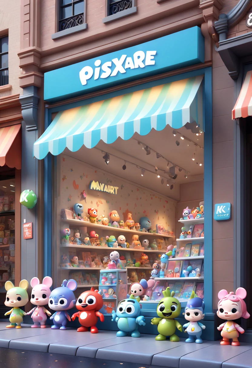Toy Store Window Display, Pixar style, Disney Style, chibi, kawaii art, Blind box style, POP MART, octane render, enhance, intricate, (best quality, masterpiece, Representative work, official art, Professional, 8k wallpaper)