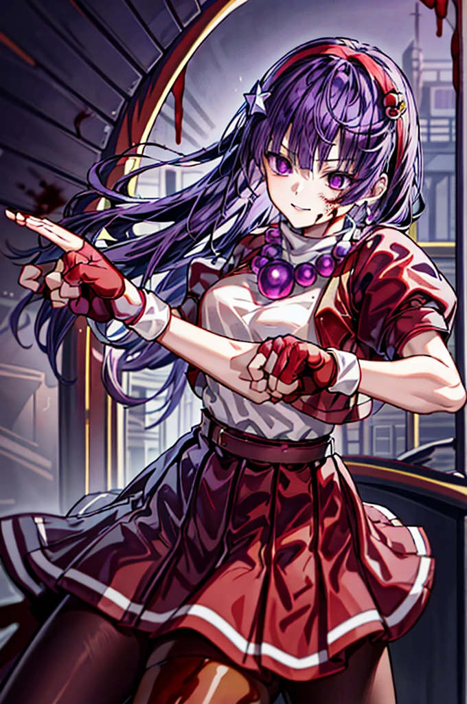 (​masterpiece)、(top-quality)、(ultra-detailliert)、intricate detailes、athena97、(1girl in)、独奏、Purple eyes、Purple hair、length hair、White earrings、red hairband、Star hair ornament、Medium Breath、Red vest、White turtleneck、White Puff Sleeves、shortsleeves、Red pleated skirt、(Crimson pantyhose:1.2)、Black pantyhose、Yellow belt、purple sphere shape necklace、Red fingerless gloves、White short socks、Red shoes、evil smile、NSFW、cowboy shot rally background、anime styled、(Blood on the face:1.4)、(Fighting stance:1.6)、hypnoLora、
Empty eyes