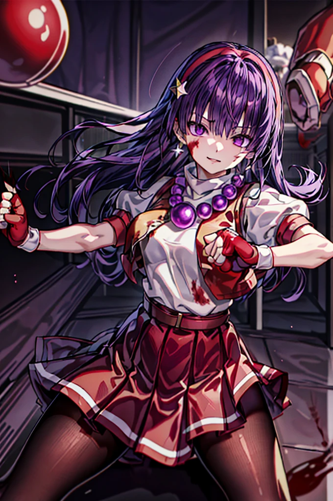 (masterpiece)、(top-quality)、(ultra-detailliert)、intricate detailes、athena97、(1girl in)、独奏、Purple eyes、Purple hair、length hair、White earrings、red hairband、Star hair ornament、Medium Breath、Red vest、White turtleneck、White Puff Sleeves、shortsleeves、Red pleated skirt、(Crimson pantyhose:1.2)、Black pantyhose、Yellow belt、purple sphere shape necklace、Red fingerless gloves、White short socks、Red shoes、evil smile、NSFW、cowboy shot rally background、anime styled、(Blood on the face:1.4)、(Fighting stance:1.6)、hypnoLora、
Empty eyes