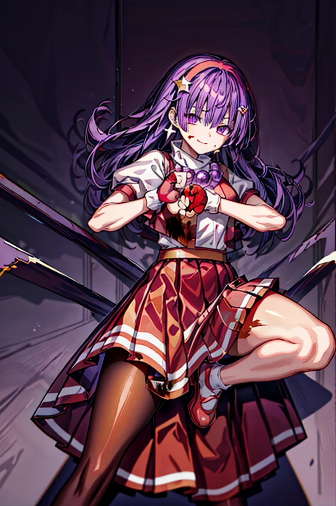 (masterpiece)、(top-quality)、(ultra-detailliert)、intricate detailes、athena97、(1girl in)、独奏、Purple eyes、Purple hair、length hair、White earrings、red hairband、Star hair ornament、Medium Breath、Red vest、White turtleneck、White Puff Sleeves、shortsleeves、Red pleated skirt、(Crimson pantyhose:1.2)、Black pantyhose、Yellow belt、purple sphere shape necklace、Red fingerless gloves、White short socks、Red shoes、evil smile、NSFW、cowboy shot rally background、anime styled、(Blood on the face:1.4)、(Fighting stance:1.6)、hypnoLora、
Empty eyes